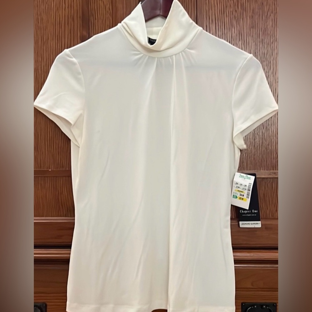 NWT Chapter One Leopard Garden Mock High Neck Short Sleeve Top Gathered Neck